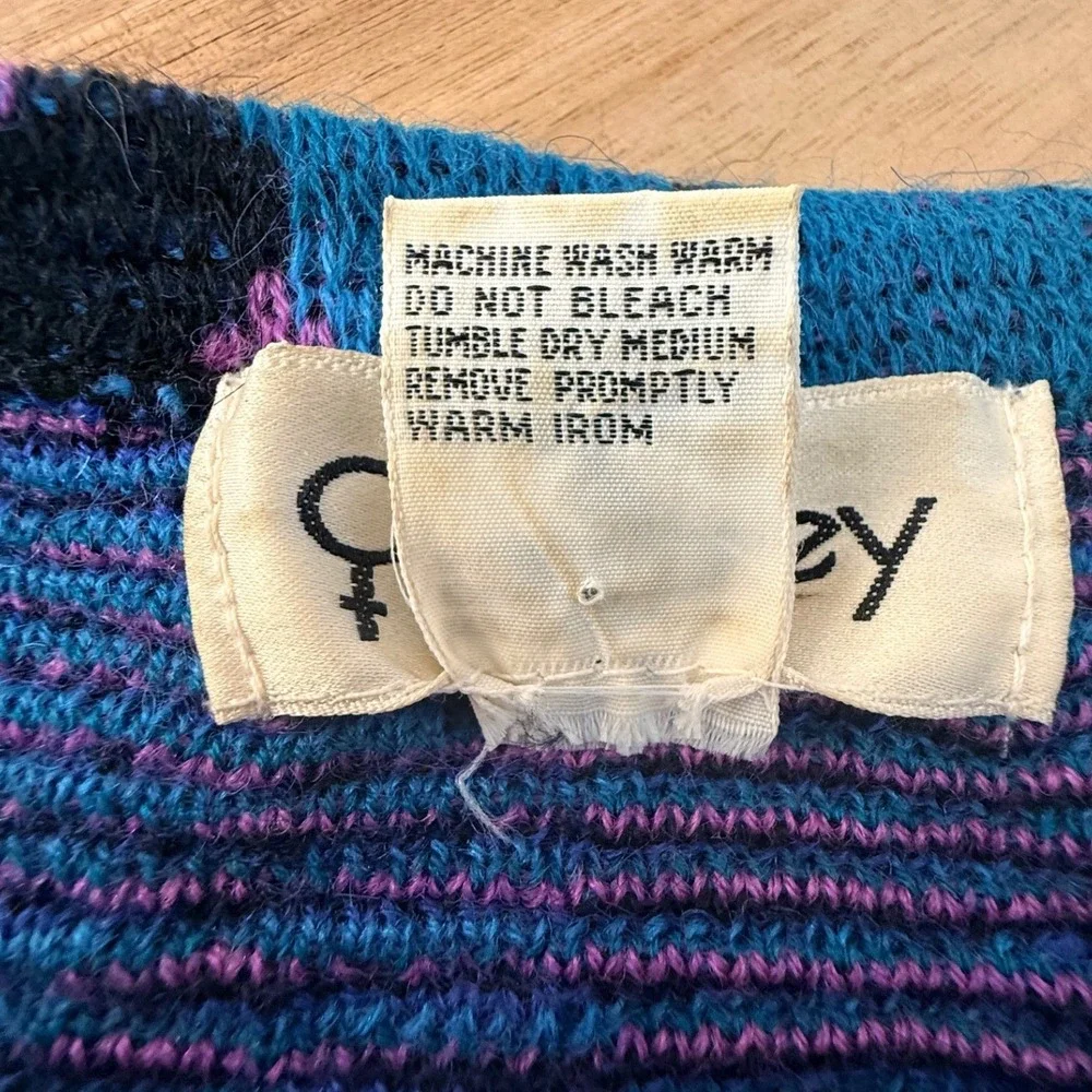 Vintage 90s‎ Odyssey Geometric Abstract Knit Sweater Pink Teal Wool Blend Large